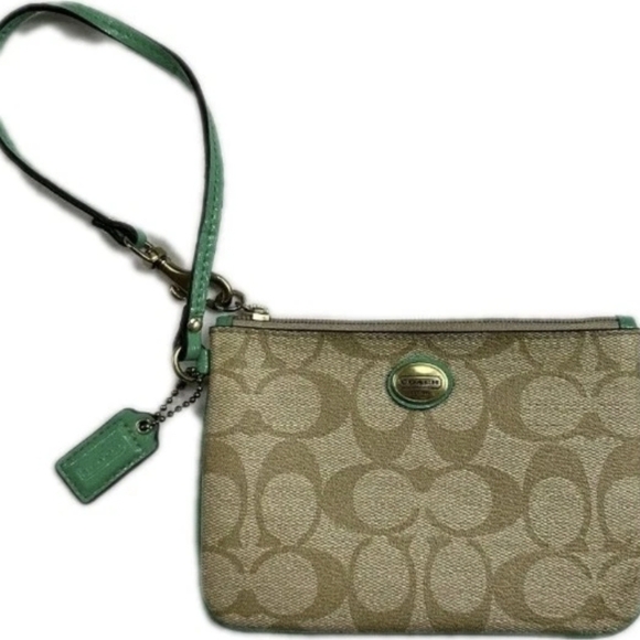 Vintage Coach Peyton Wristlet Wallet Small Beige Green Leather Logo w/ Tag - Picture 2 of 5